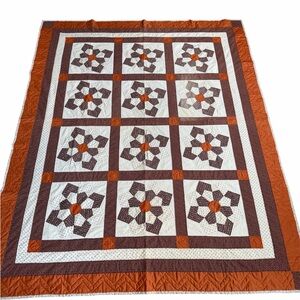 Handmade Floral Patchwork Quilt - Rust Orange & Brown